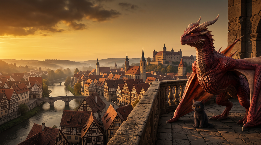 Drakon the dragon and Heidi the kitten overlooking a medieval German town at golden hour.